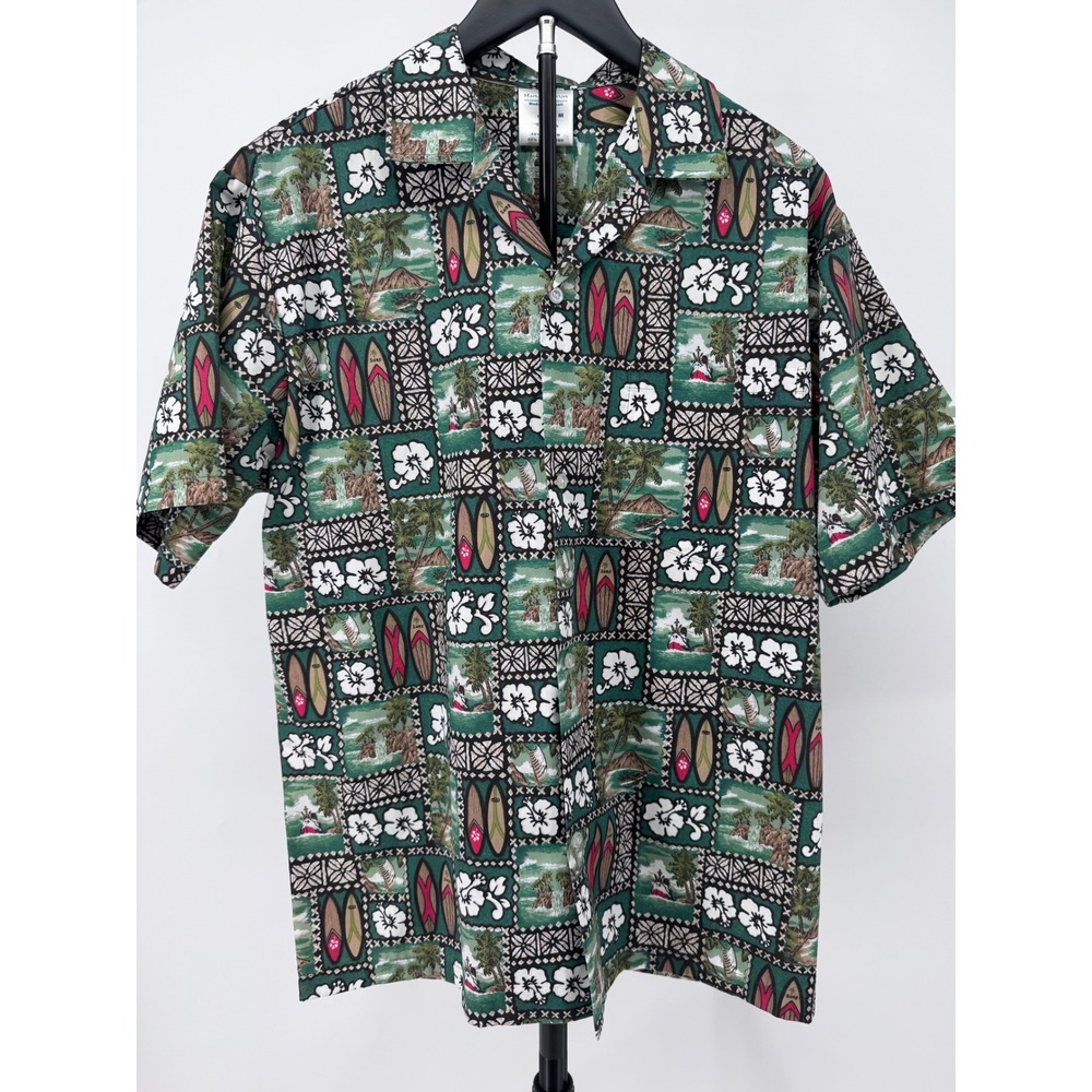 Hana Fashion Mens Green Surfboard Hibiscus Hawaiian Aloha Shirt Made in Hawaii M
